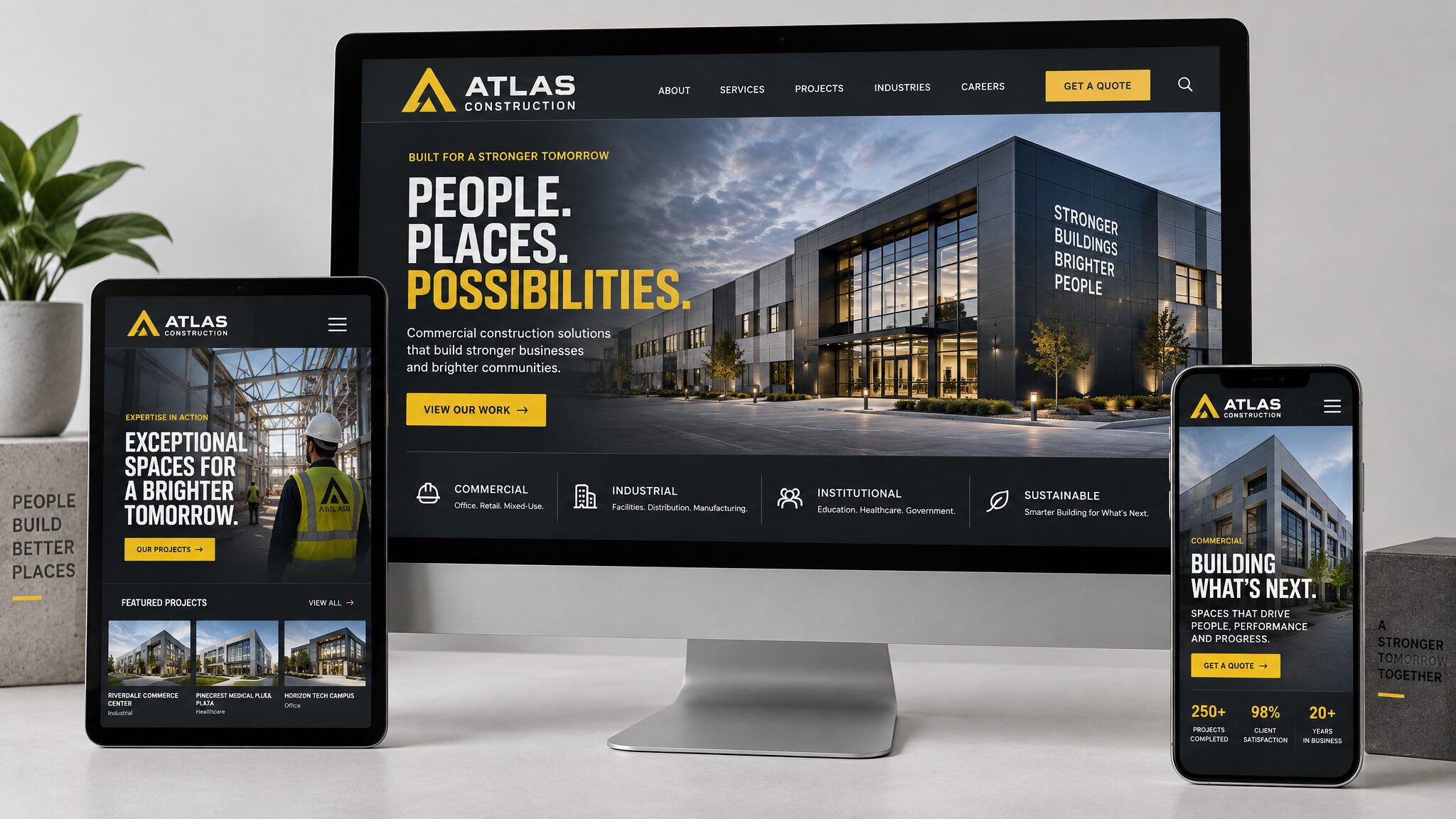 Atlas Construction website concept on desktop, tablet and phone