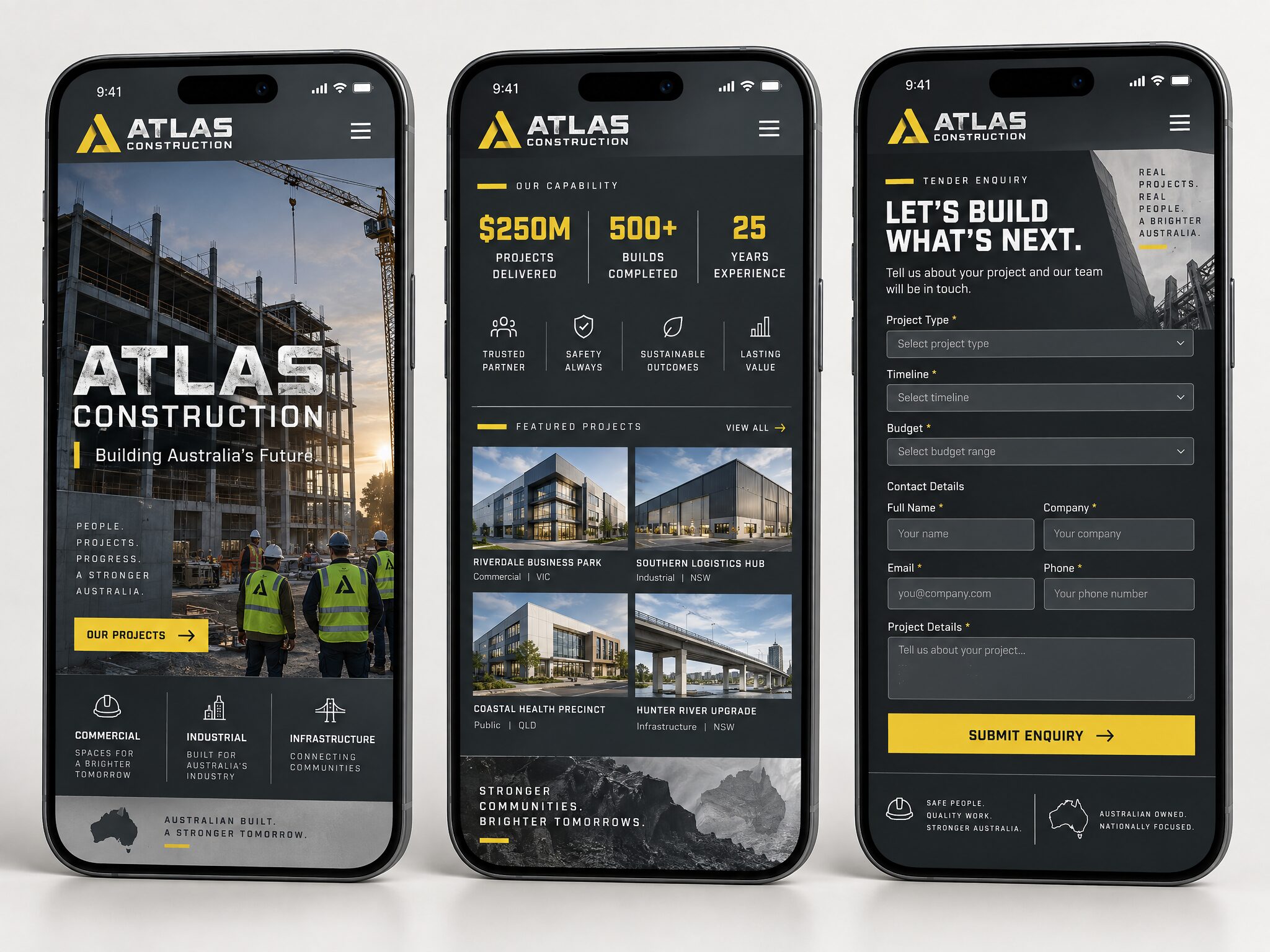 Atlas Construction mobile pages: home, services and contact