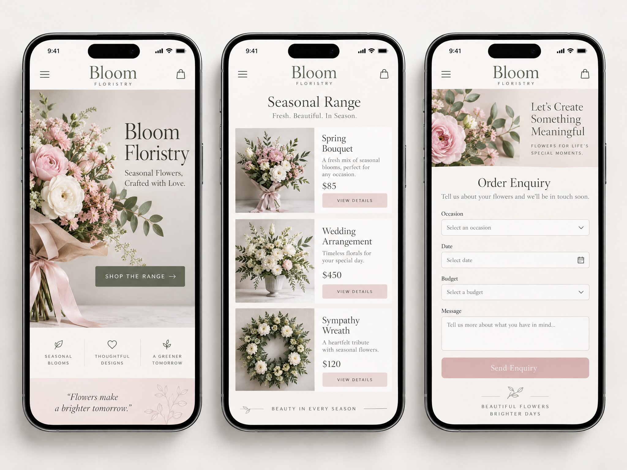Bloom Floristry mobile pages: home, services and contact