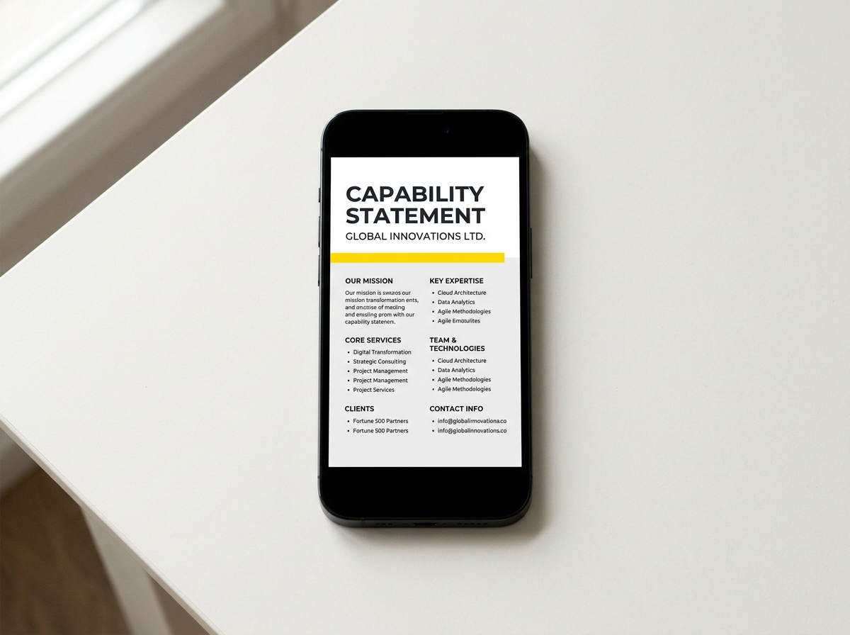A capability statement PDF being skimmed on a phone screen
