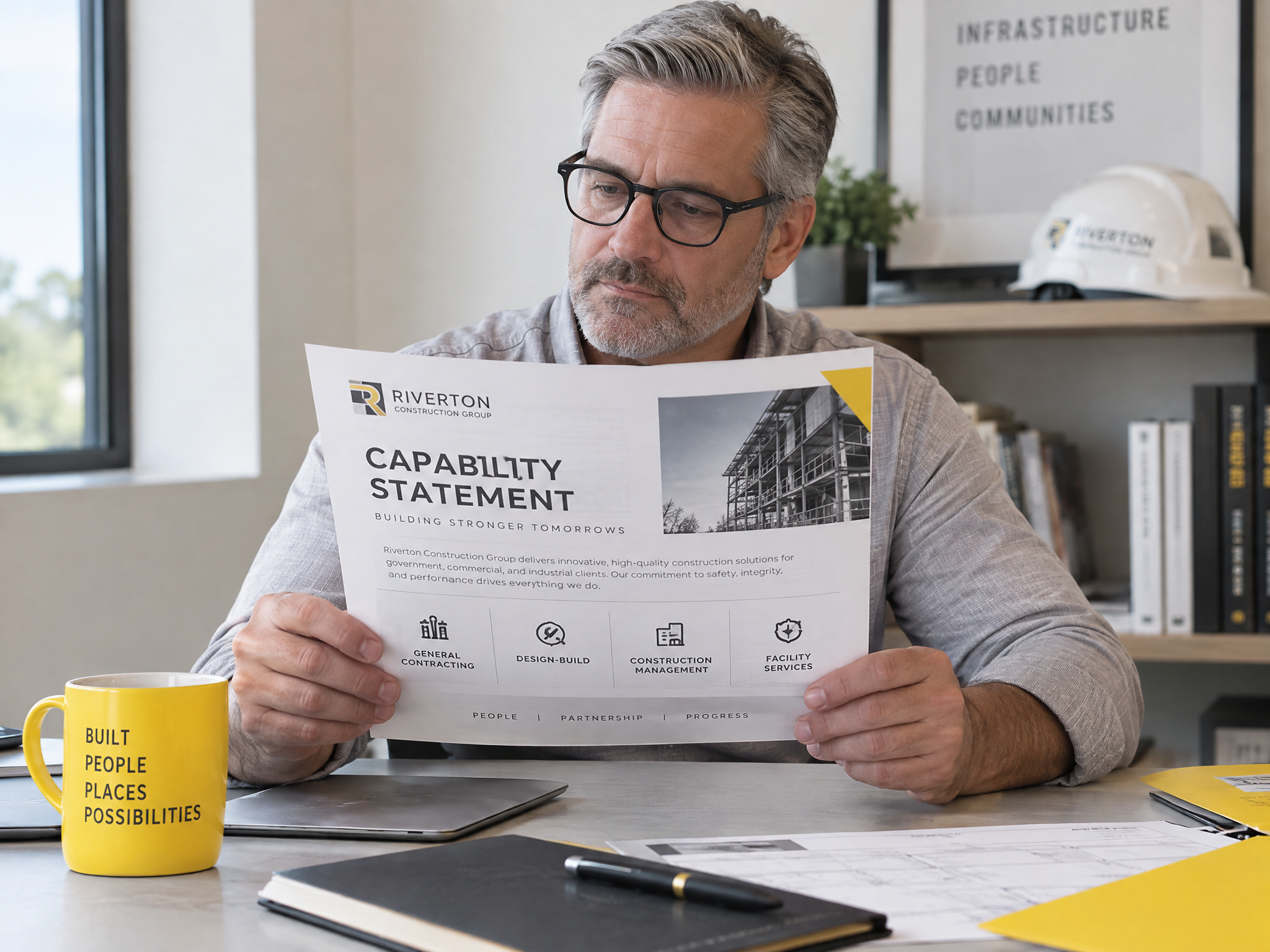 A builder reviewing a printed capability statement while shortlisting contractors