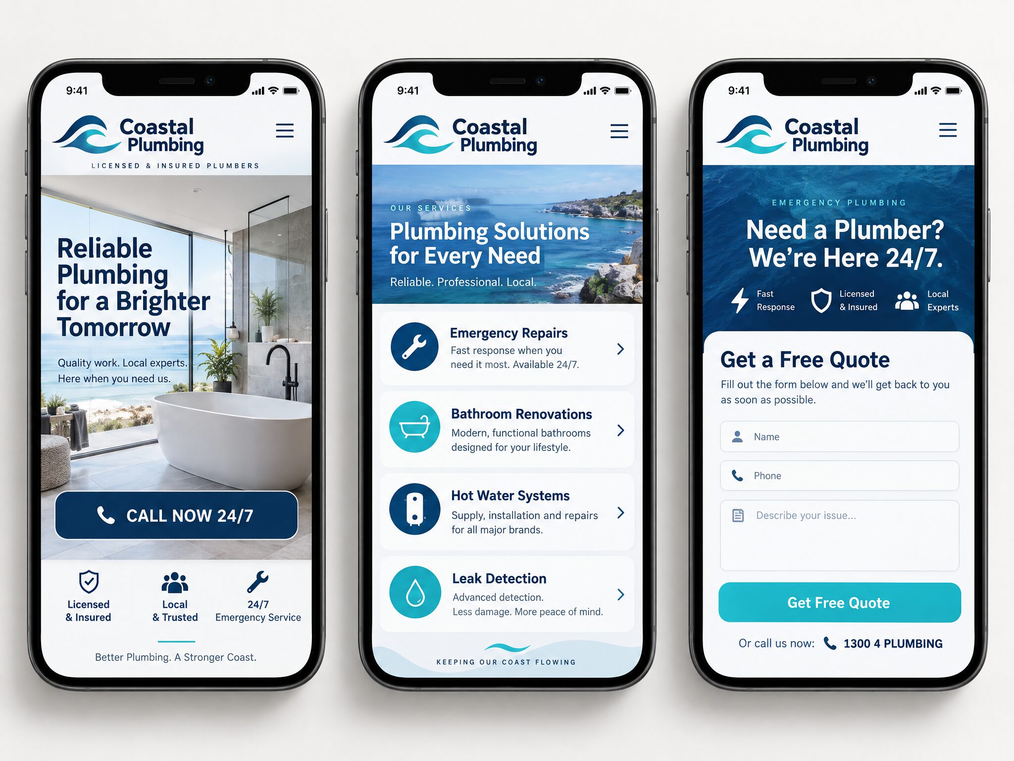 Coastal Plumbing mobile pages: home, services and contact