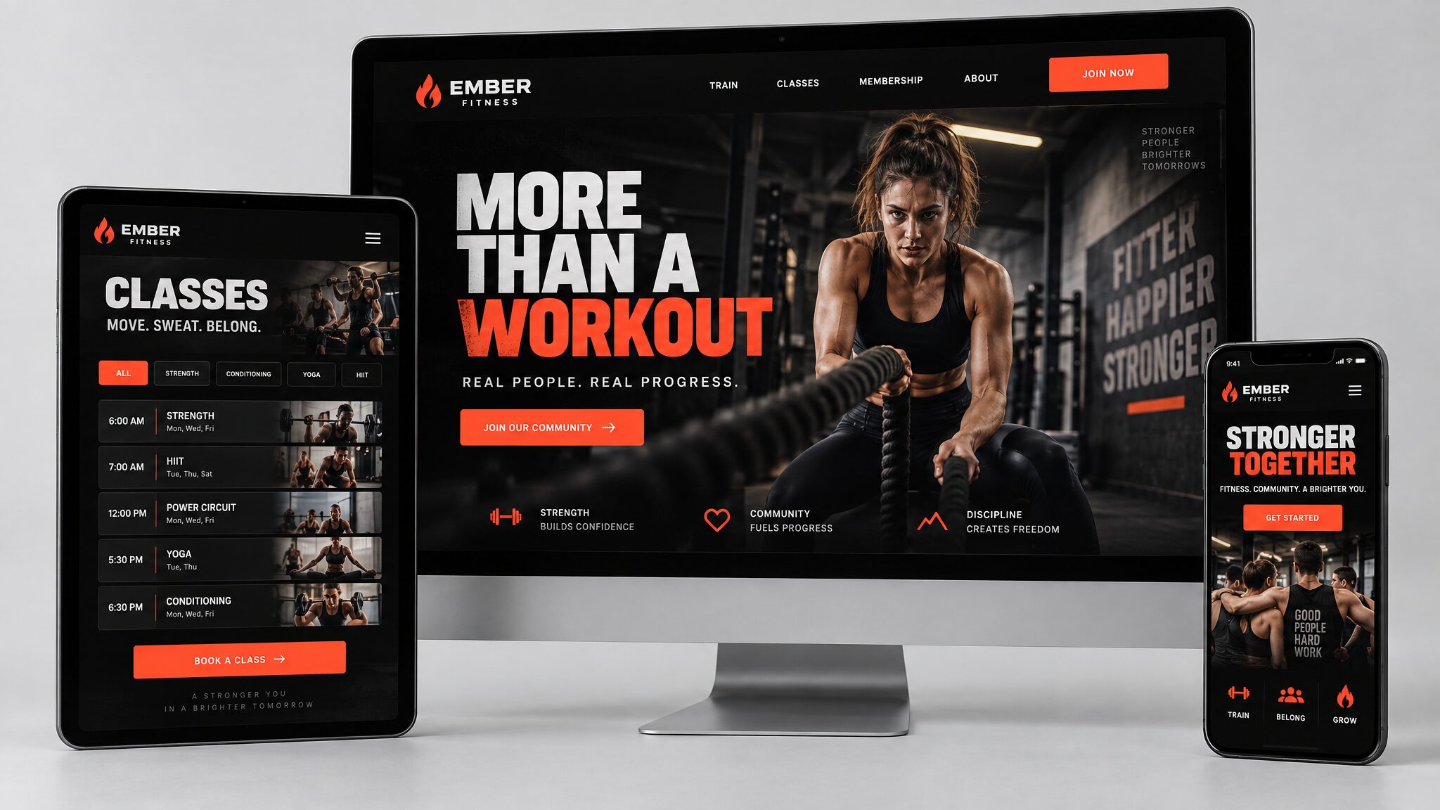 Ember Fitness website concept on desktop, tablet and phone