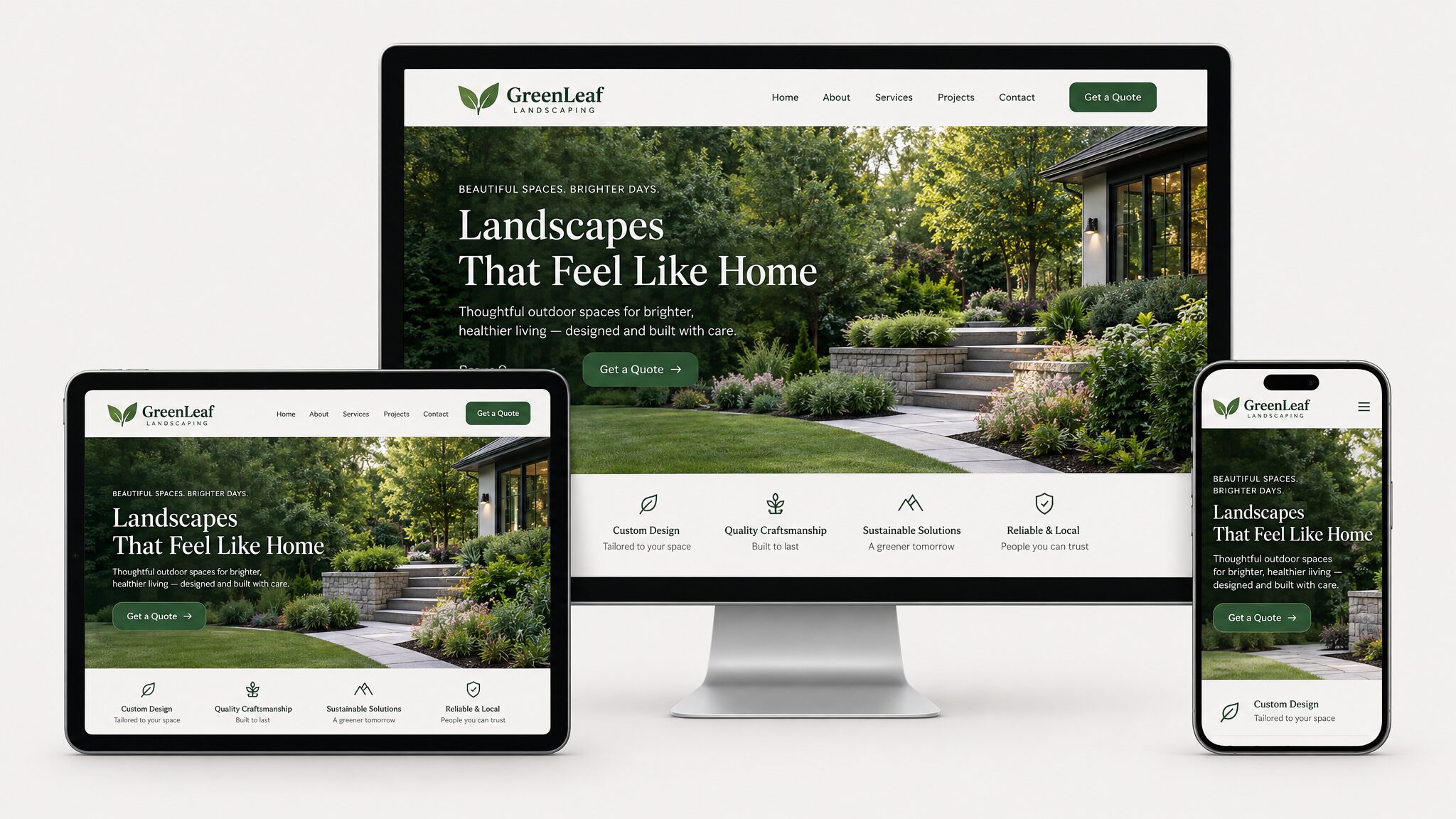GreenLeaf Landscaping website concept on desktop, tablet and phone