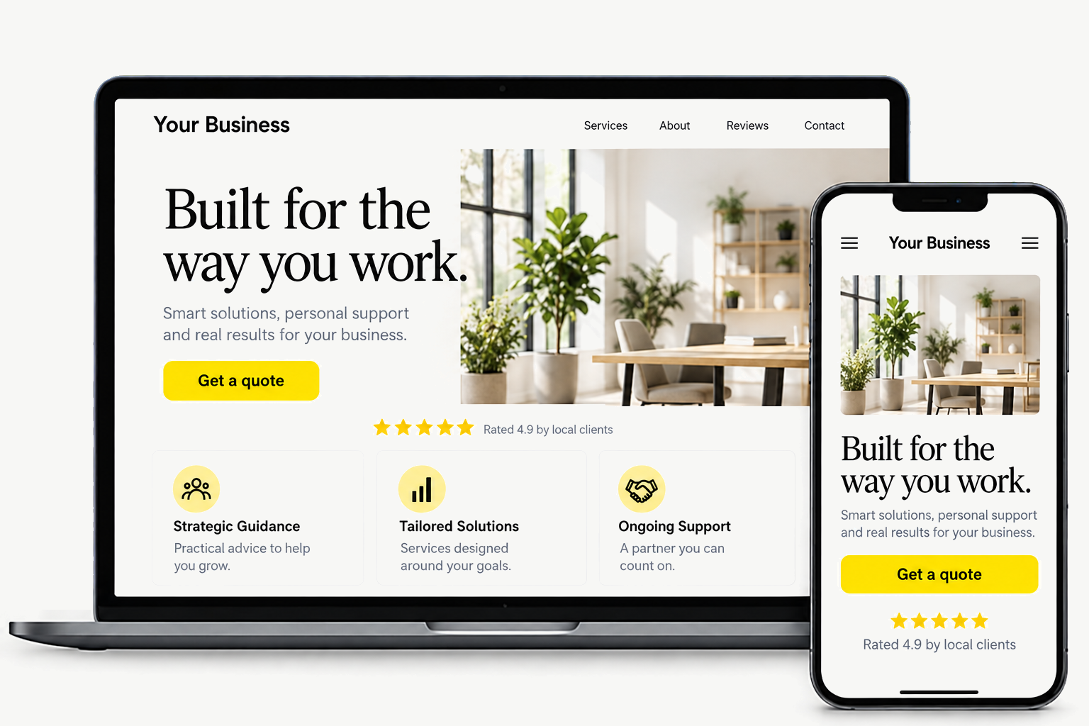 A clean, custom business website shown on a laptop and a mobile phone
