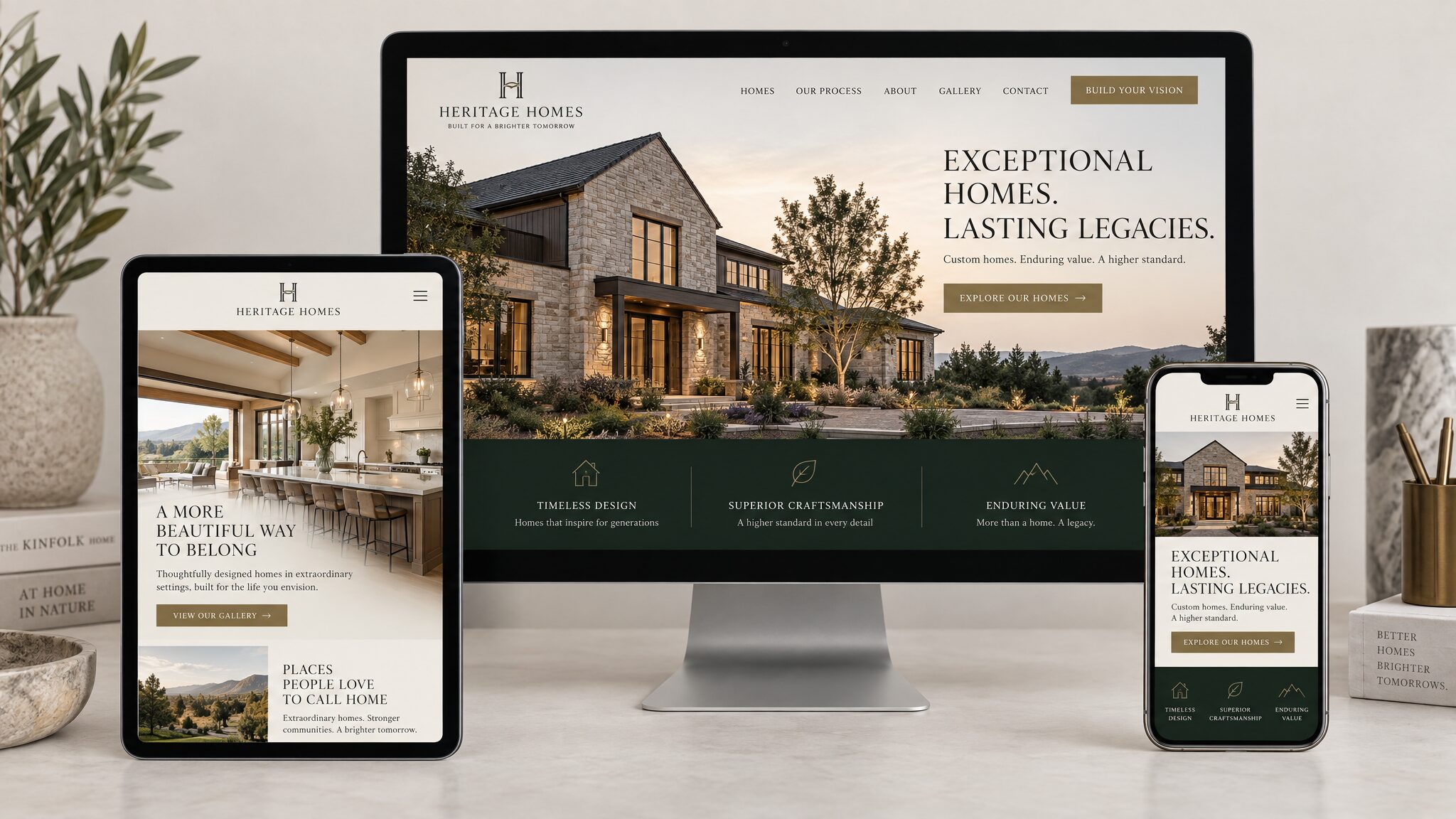 Heritage Homes website concept on desktop, tablet and phone