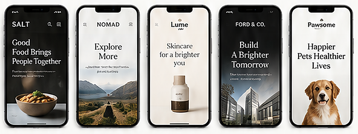 Local business websites shown across five mobile phones