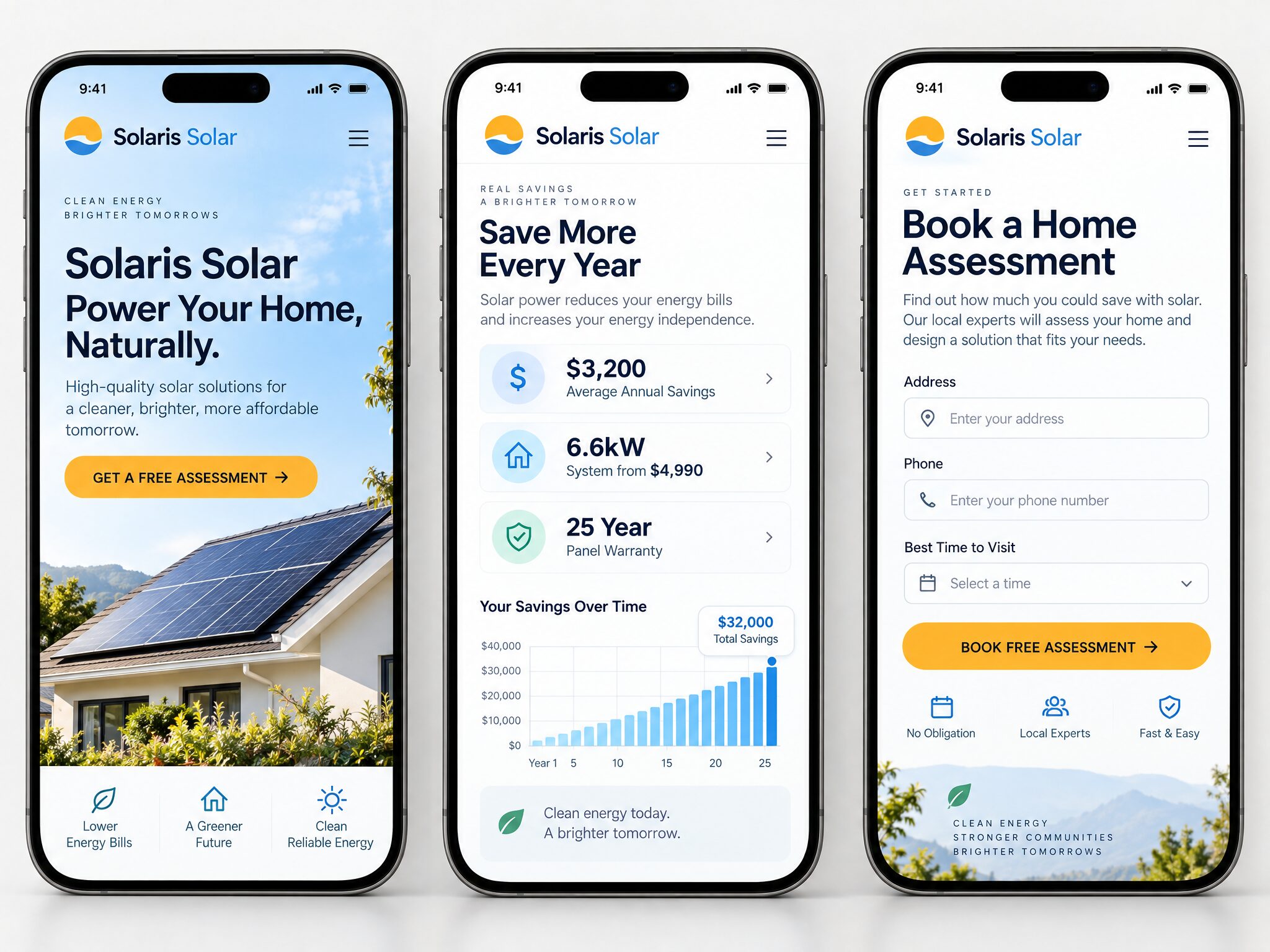 Solaris Solar mobile pages: home, services and contact