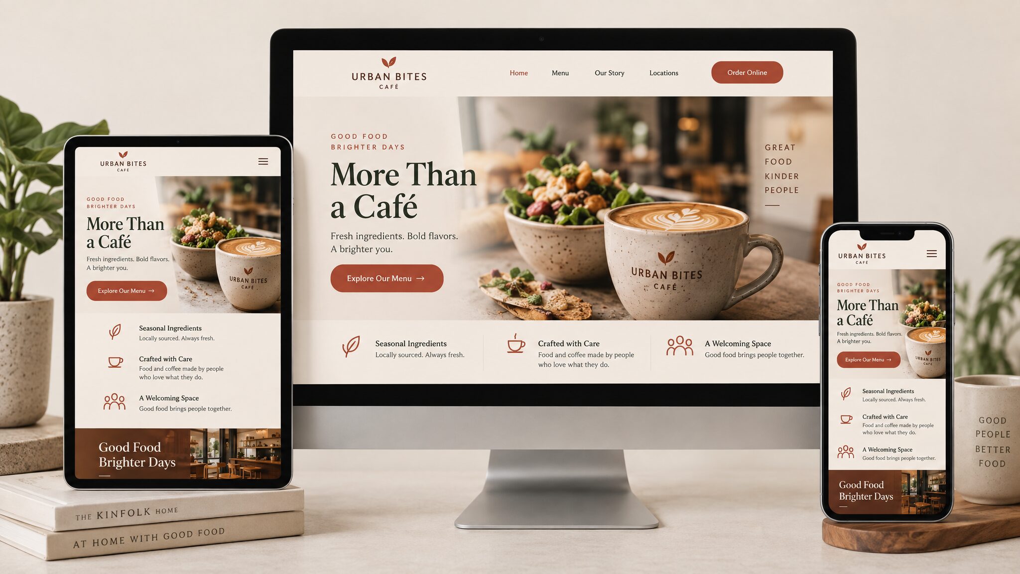 Urban Bites Café website concept on desktop, tablet and phone