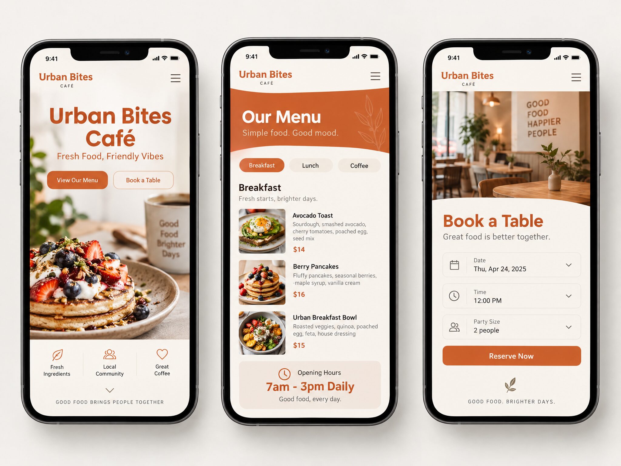 Urban Bites Café mobile pages: home, services and contact