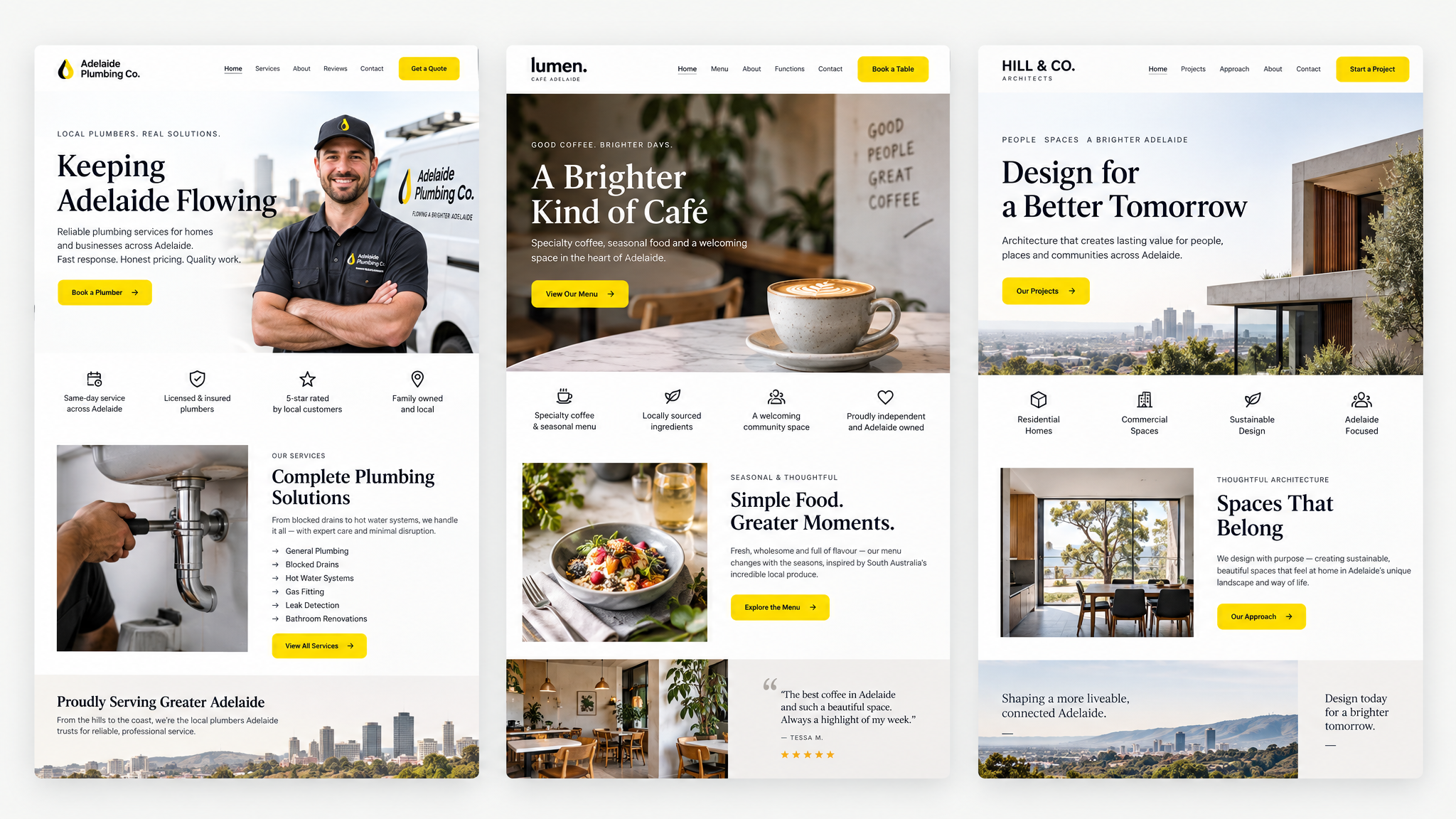 Three custom local-business websites developed as design concepts